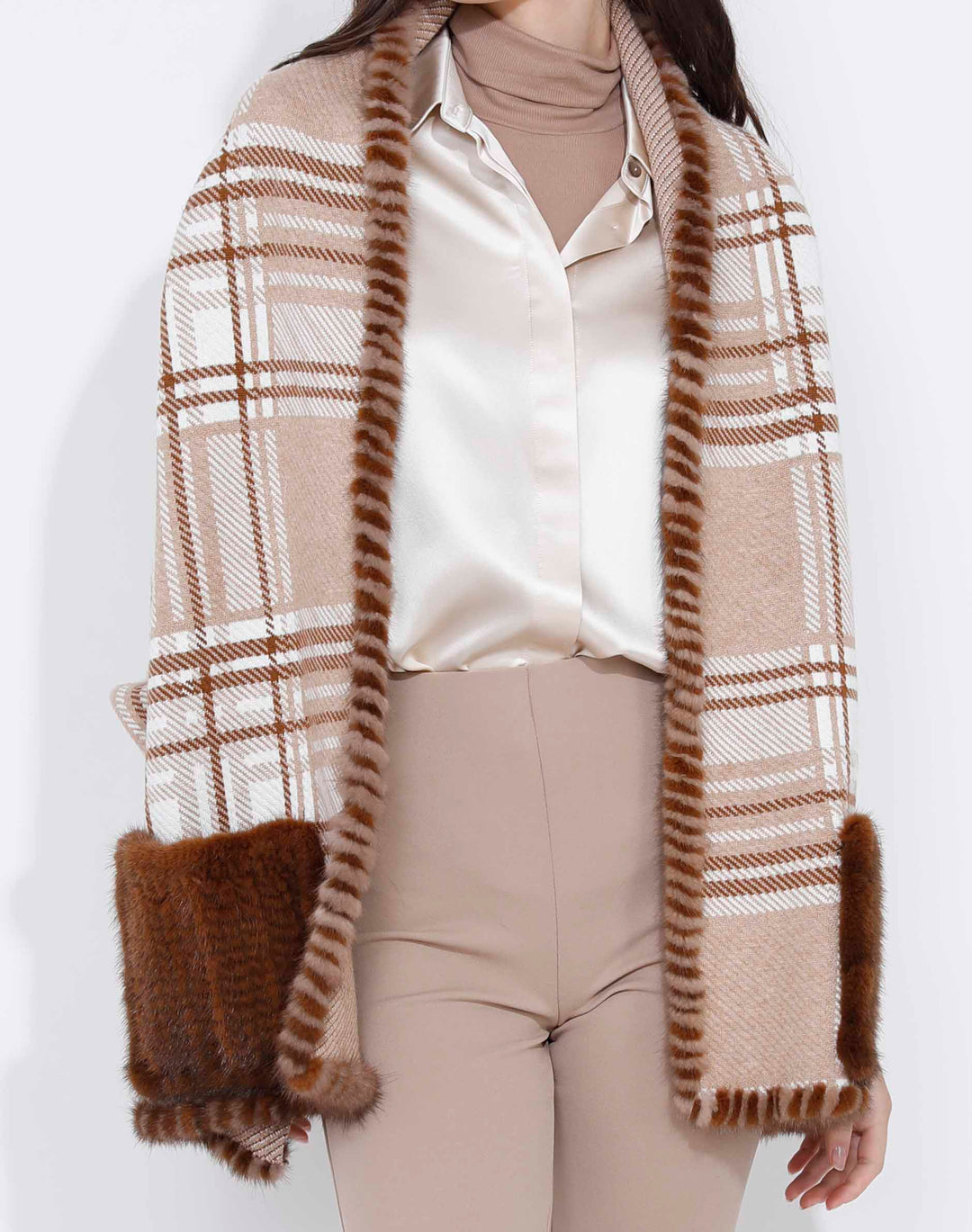 Woven Plaid Wrap With Cuff And Mink Trimming Tan