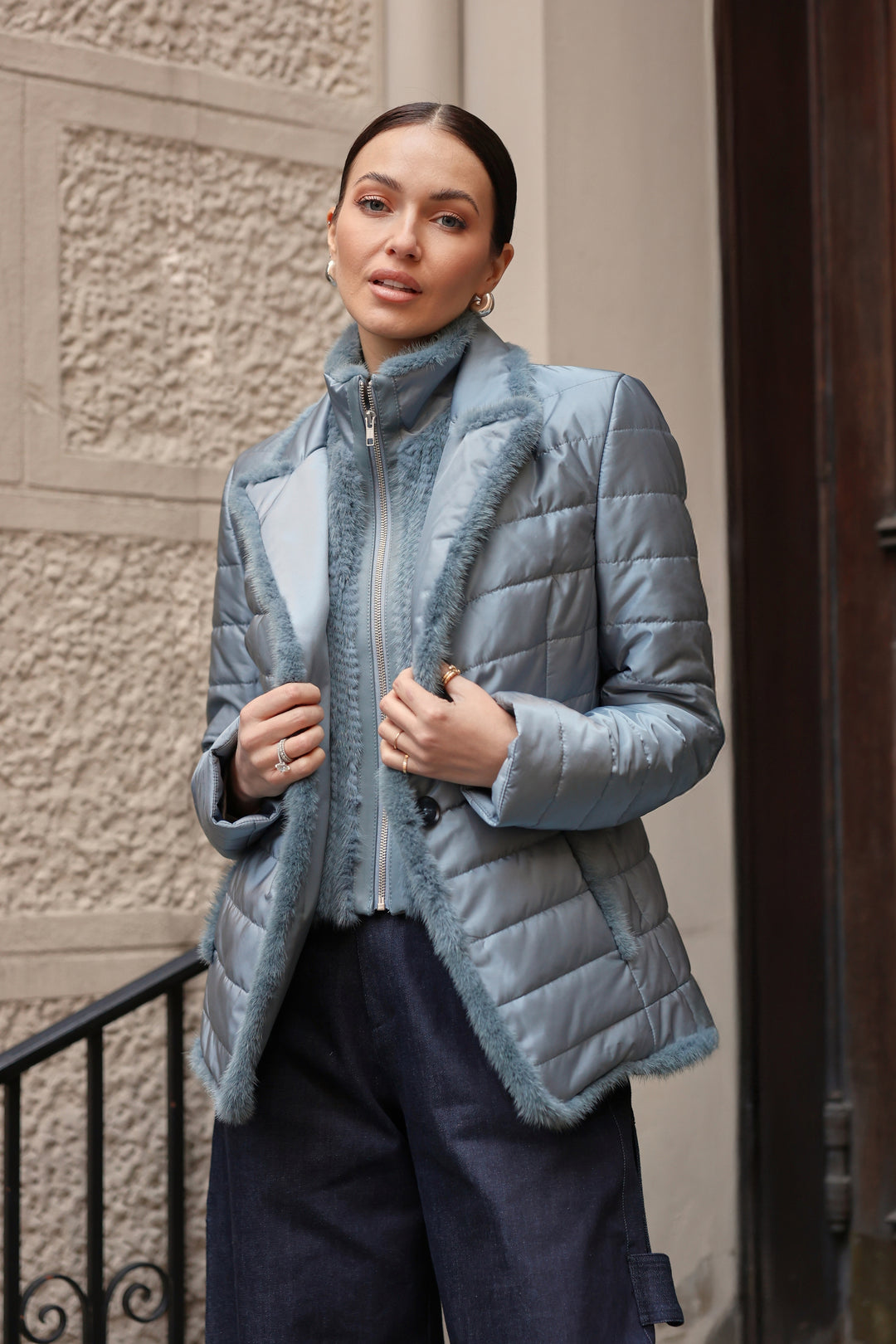 Quilted Jacket with Mink in Blue Breeze