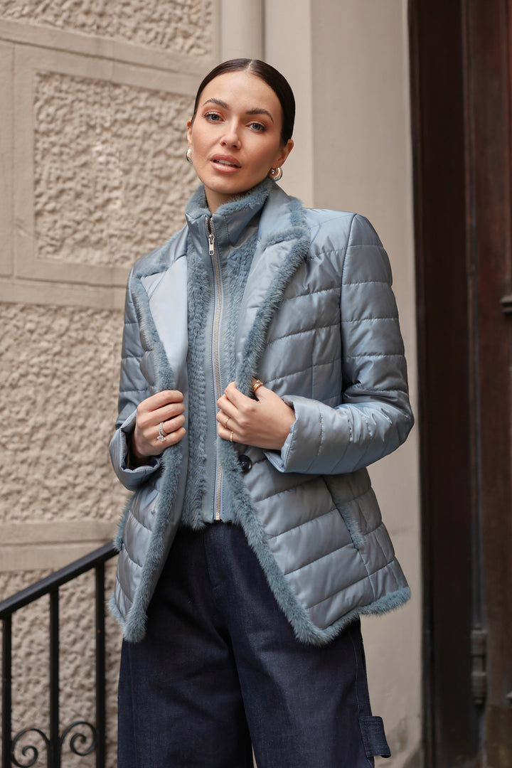 Quilted Jacket with Mink in Blue Breeze
