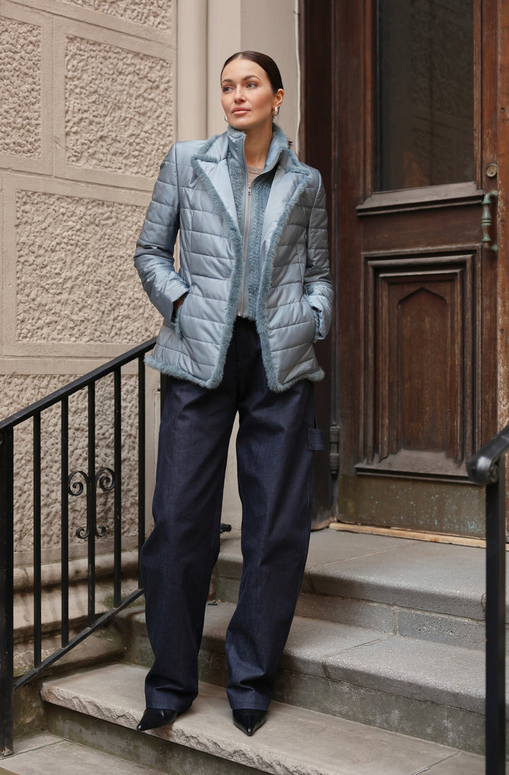 Quilted Jacket with Mink in Blue Breeze
