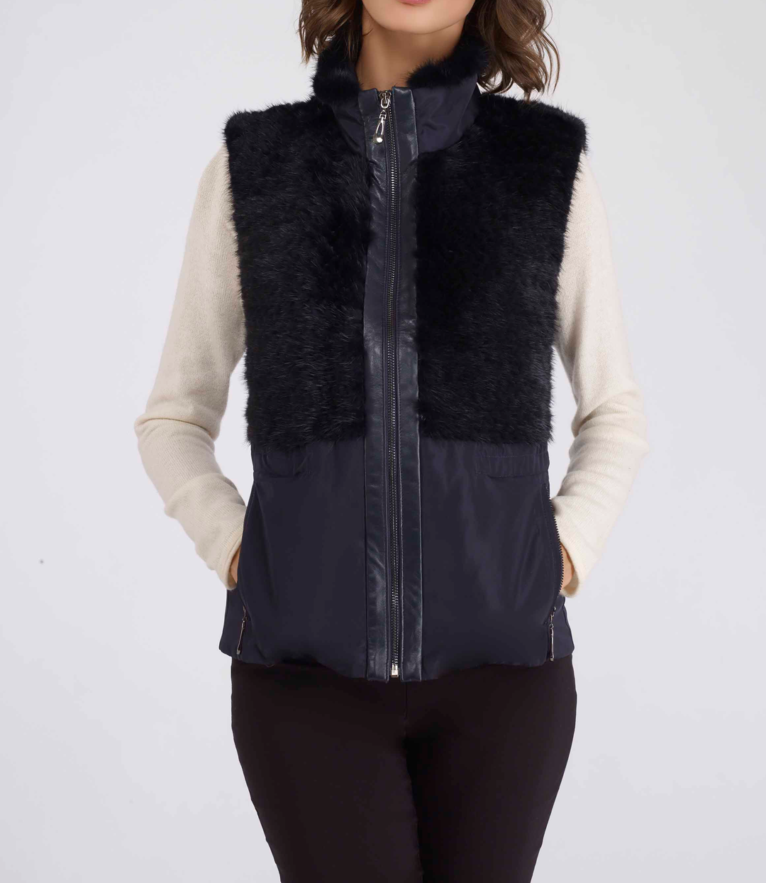 Nylon Vest With Knitted Mink Panel Navy