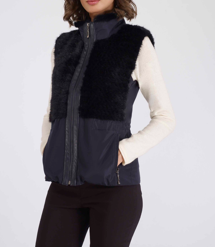 Nylon Vest With Knitted Mink Panel Navy