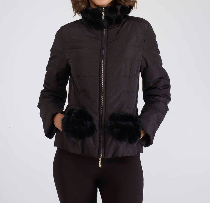 Nylon Mink Pom Pom Jacket Black