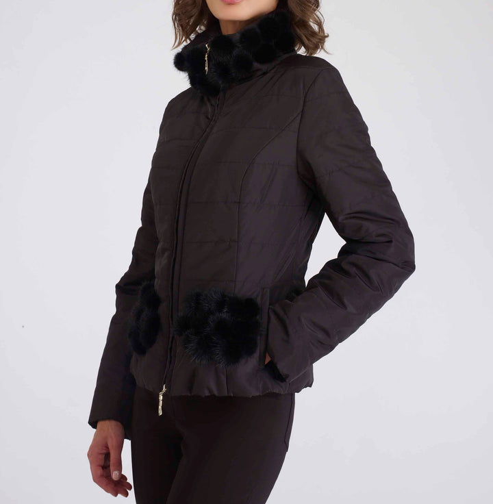 Nylon Mink Pom Pom Jacket Black