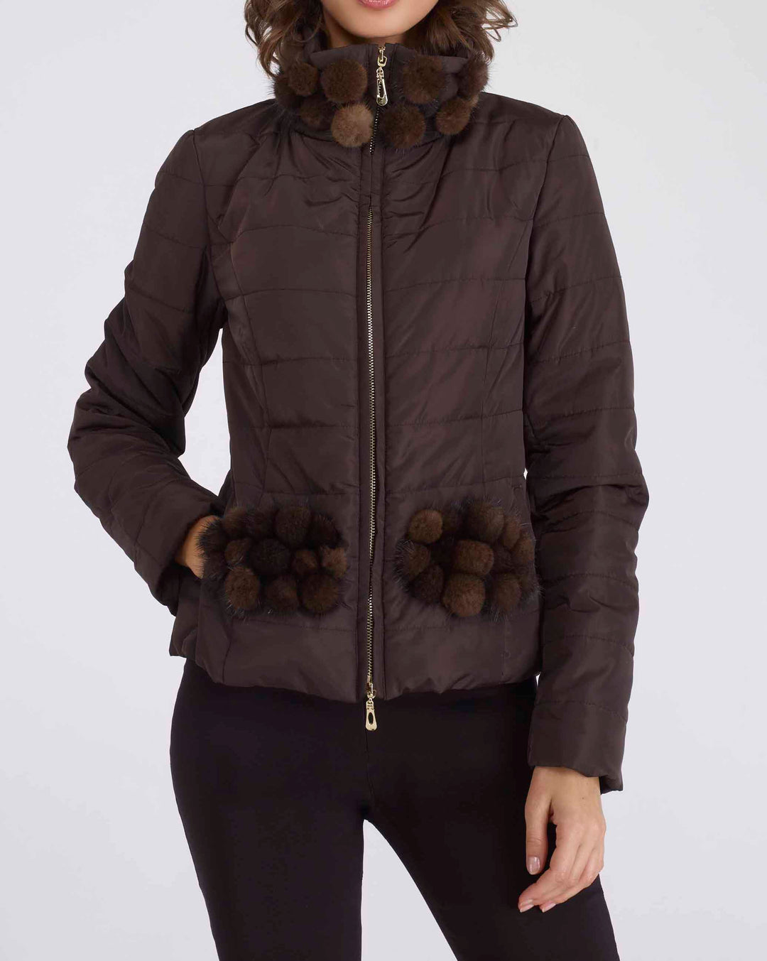 Nylon Mink Pom Pom Jacket Brown