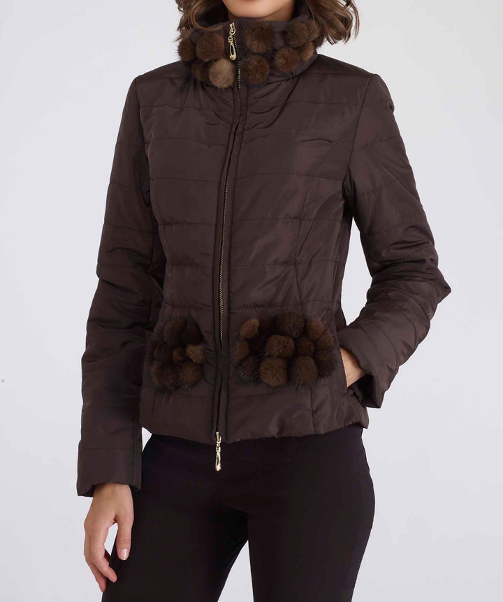 Nylon Mink Pom Pom Jacket Brown