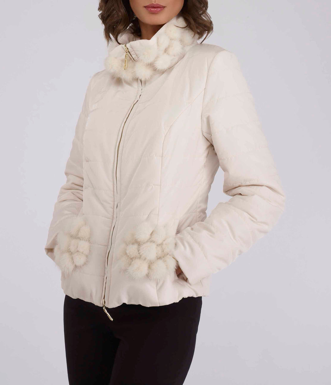 Nylon Mink Pom Pom Jacket Ivory