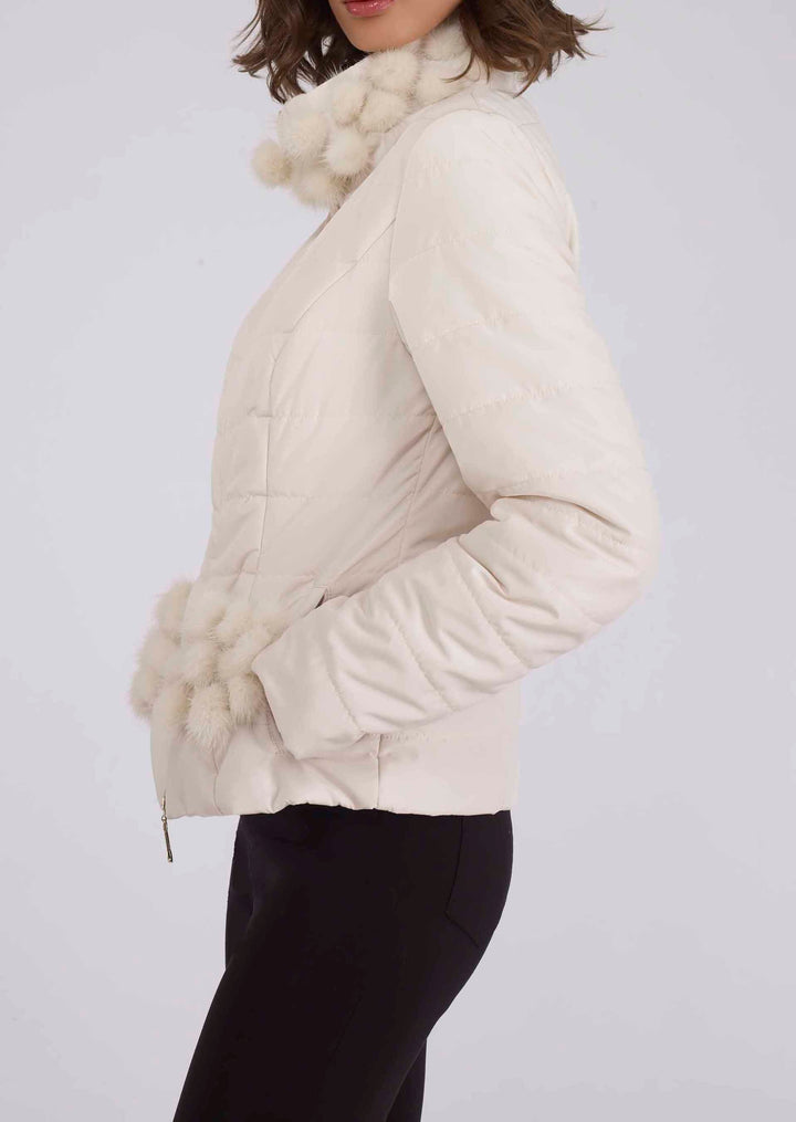 Nylon Mink Pom Pom Jacket Ivory