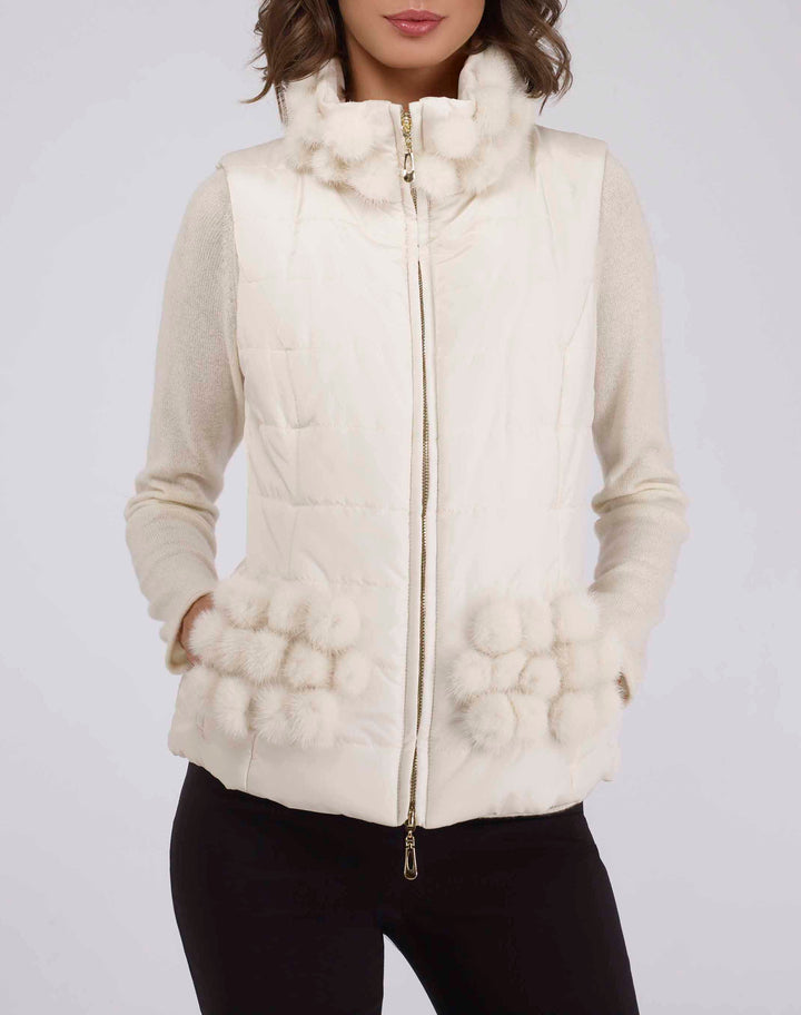 Nylon Mink Pom Pom Jacket Ivory