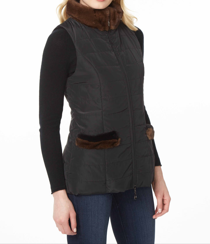 Nylon Vest With Mink Collar & Pocket Trim In Black/Brown
