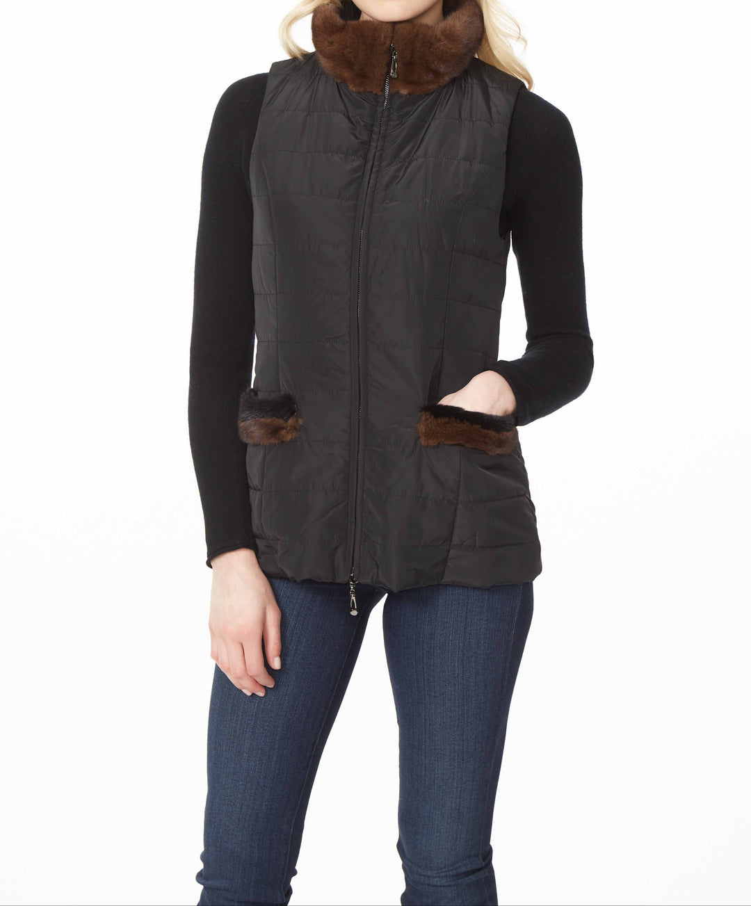 Nylon Vest With Mink Collar & Pocket Trim In Black/Brown