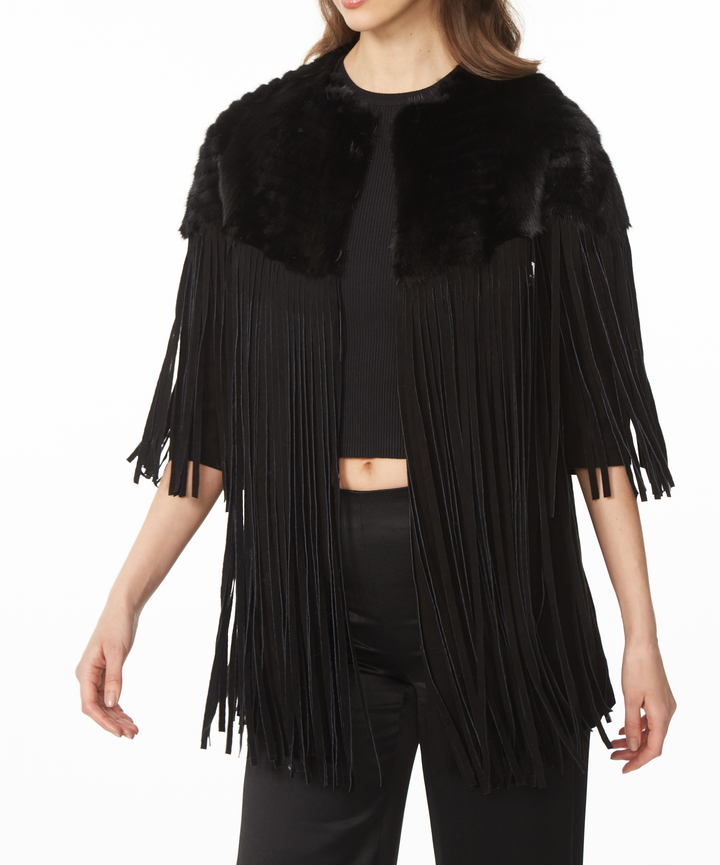 Mink And Suede Fringe Jacket Black