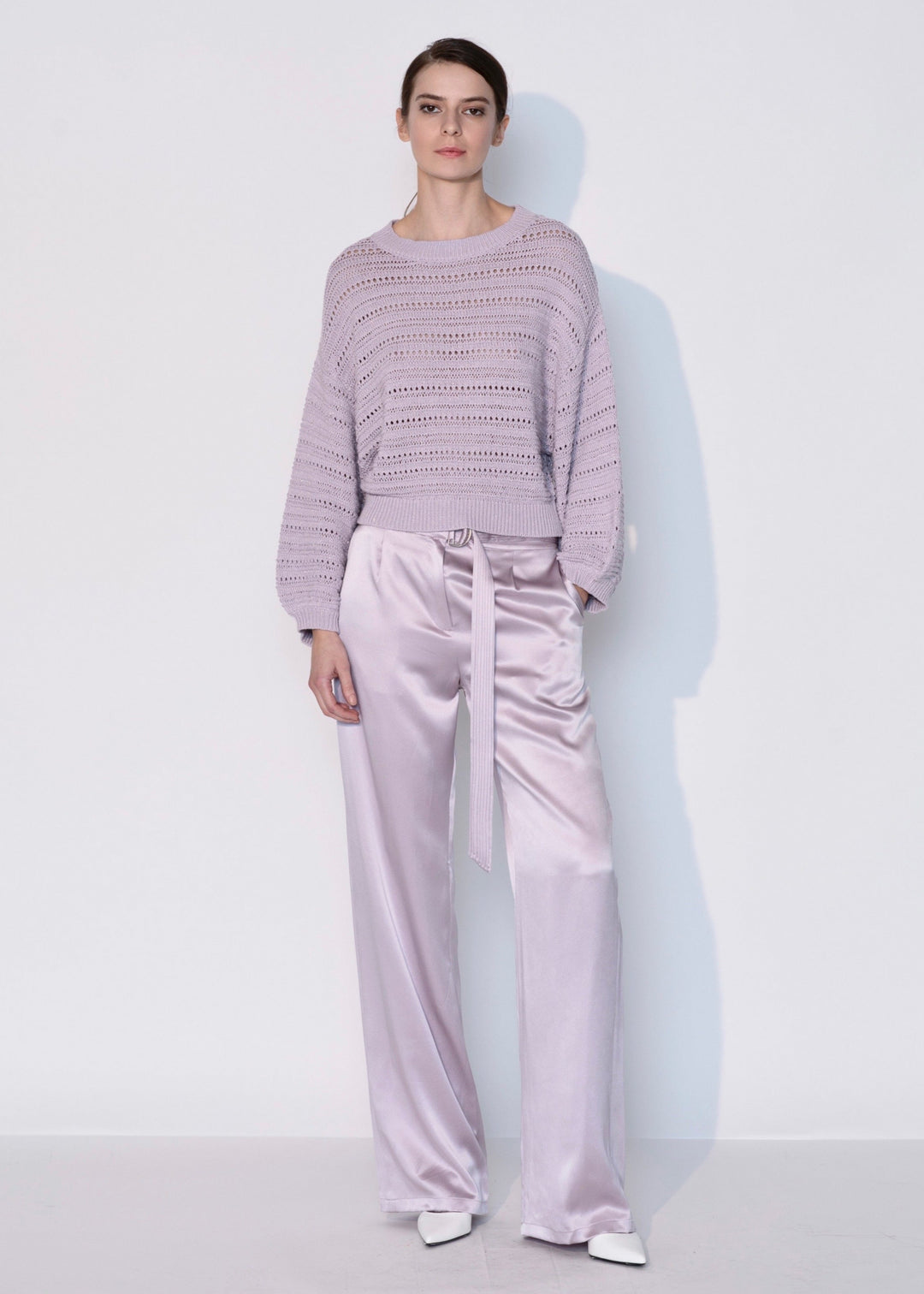 Crew Neck Open Knit Crochet Sweater In Lilac