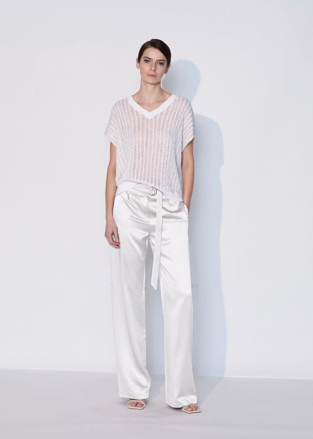 Open Knit Crochet V Neck Vest in White