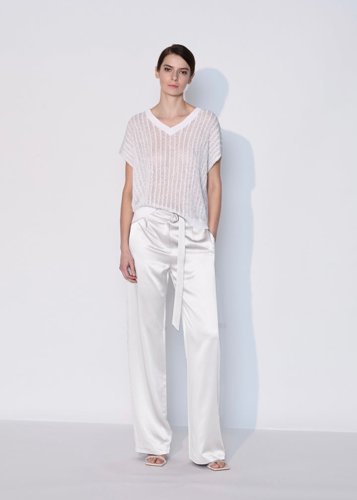 Open Knit Crochet V Neck Vest in White