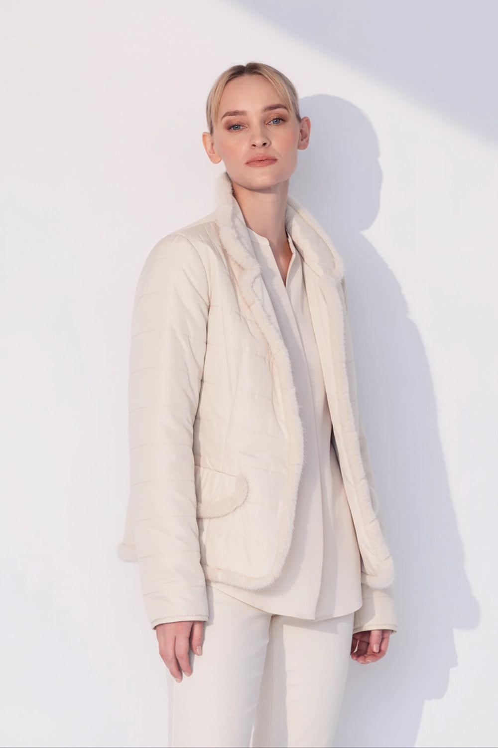 Nylon Jacket with Mink Trimming on the Edge in Off White