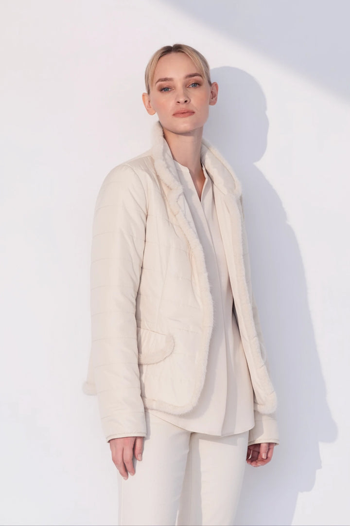 Nylon Jacket with Mink Trimming on the Edge in Off White