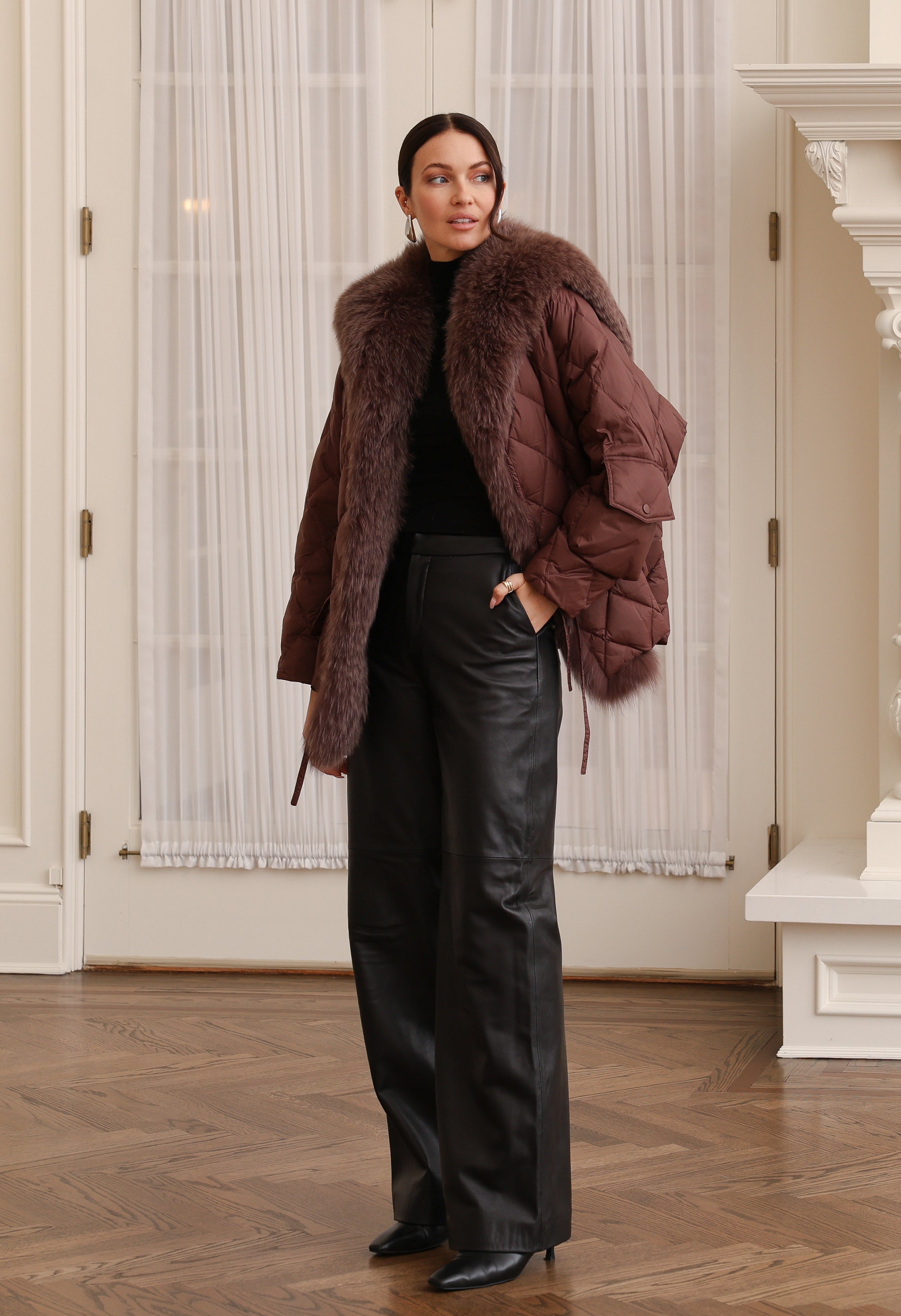 Nylon Sailor Coat with Fox Fur in Chocolate – DIOMI
