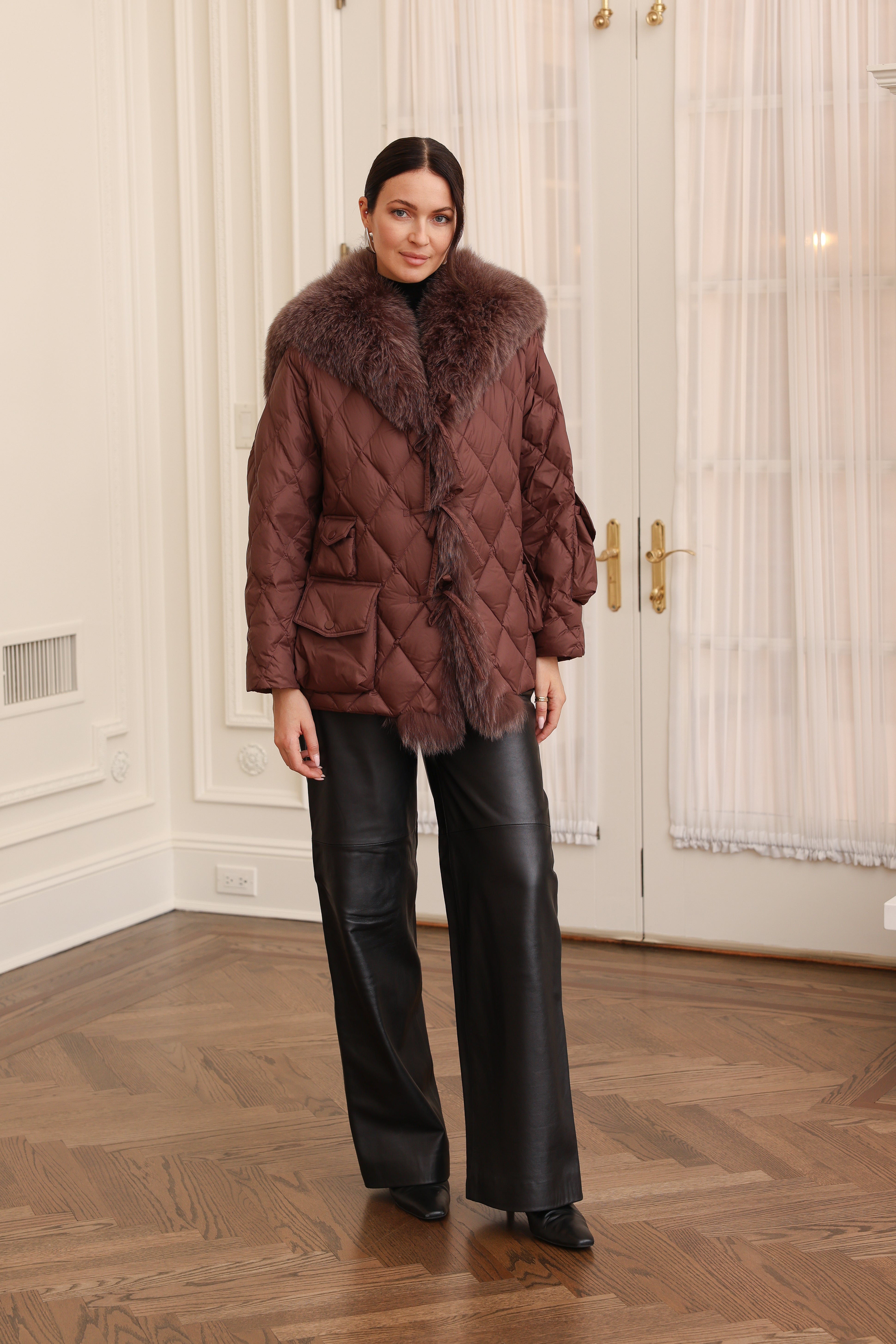 Nylon Sailor Coat with Fox Fur in Chocolate – DIOMI
