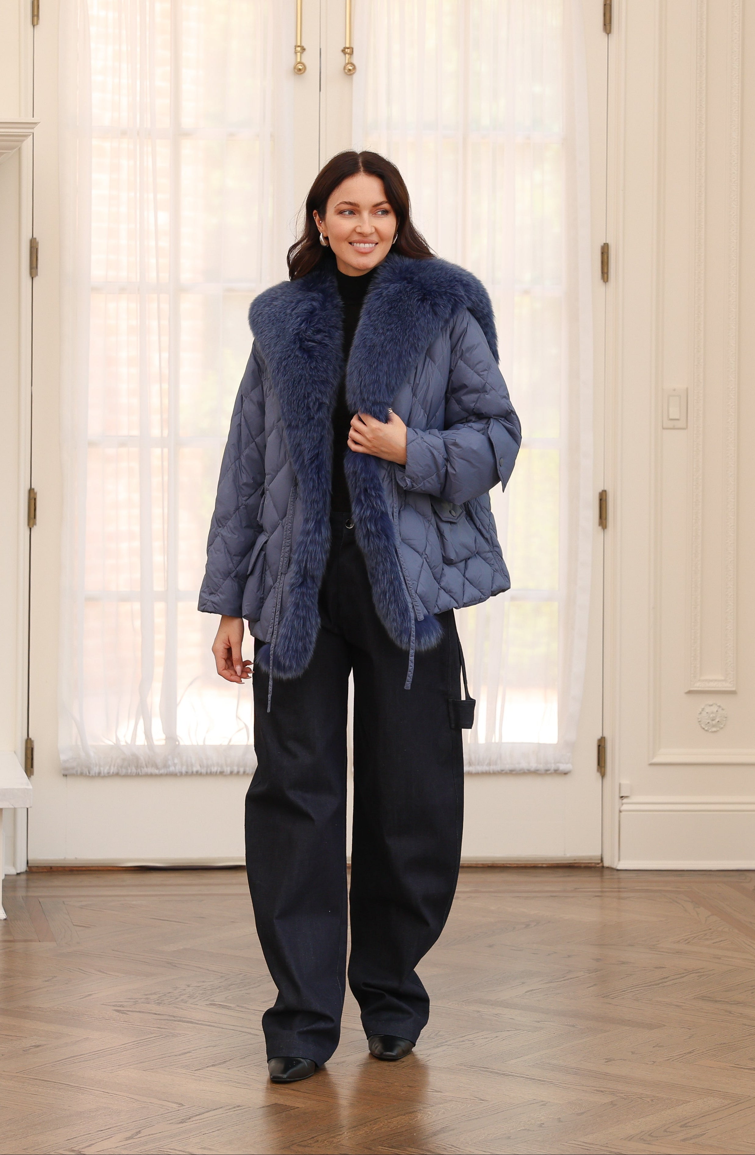 Nylon Sailor Coat with Fox Fur in Marine – DIOMI