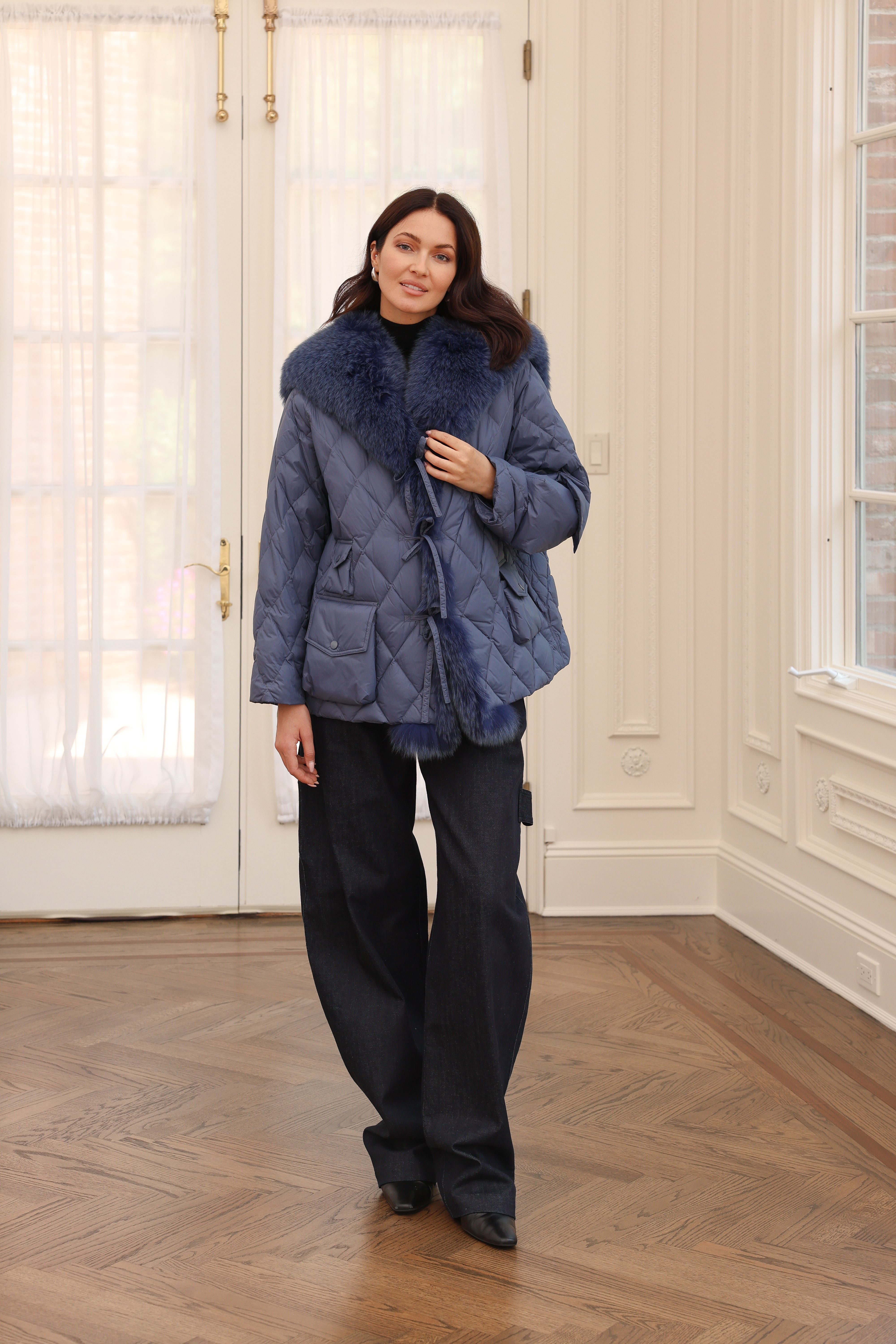 Nylon Sailor Coat with Fox Fur in Marine – DIOMI