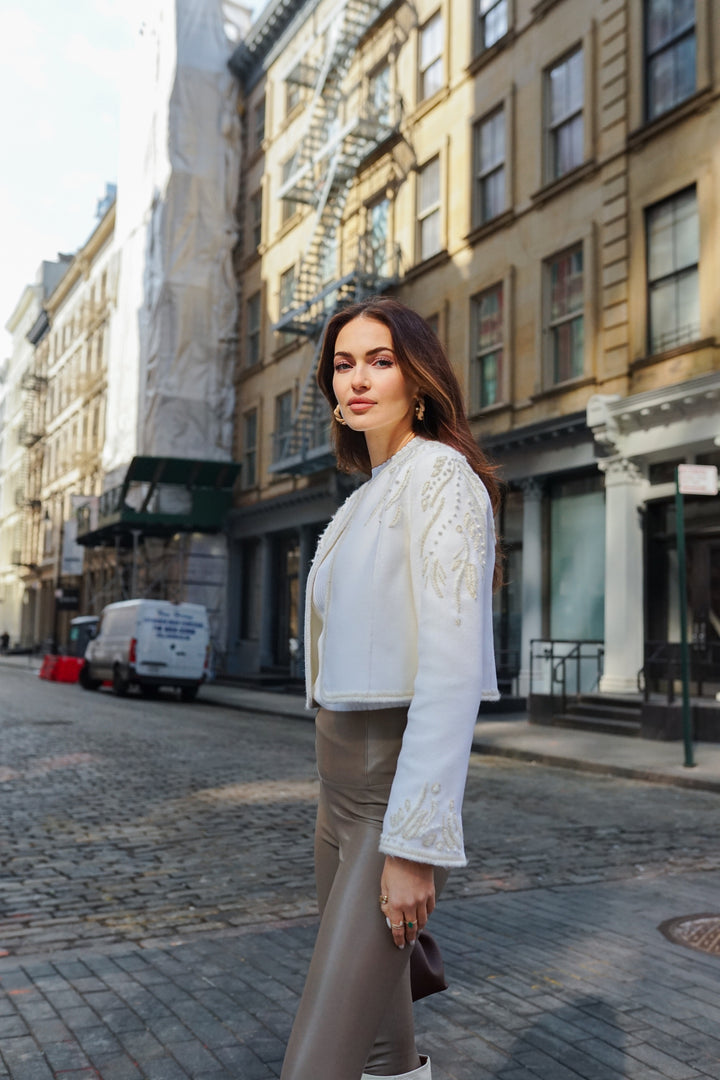 Embroidered Cropped Wool Jacket in Ivory