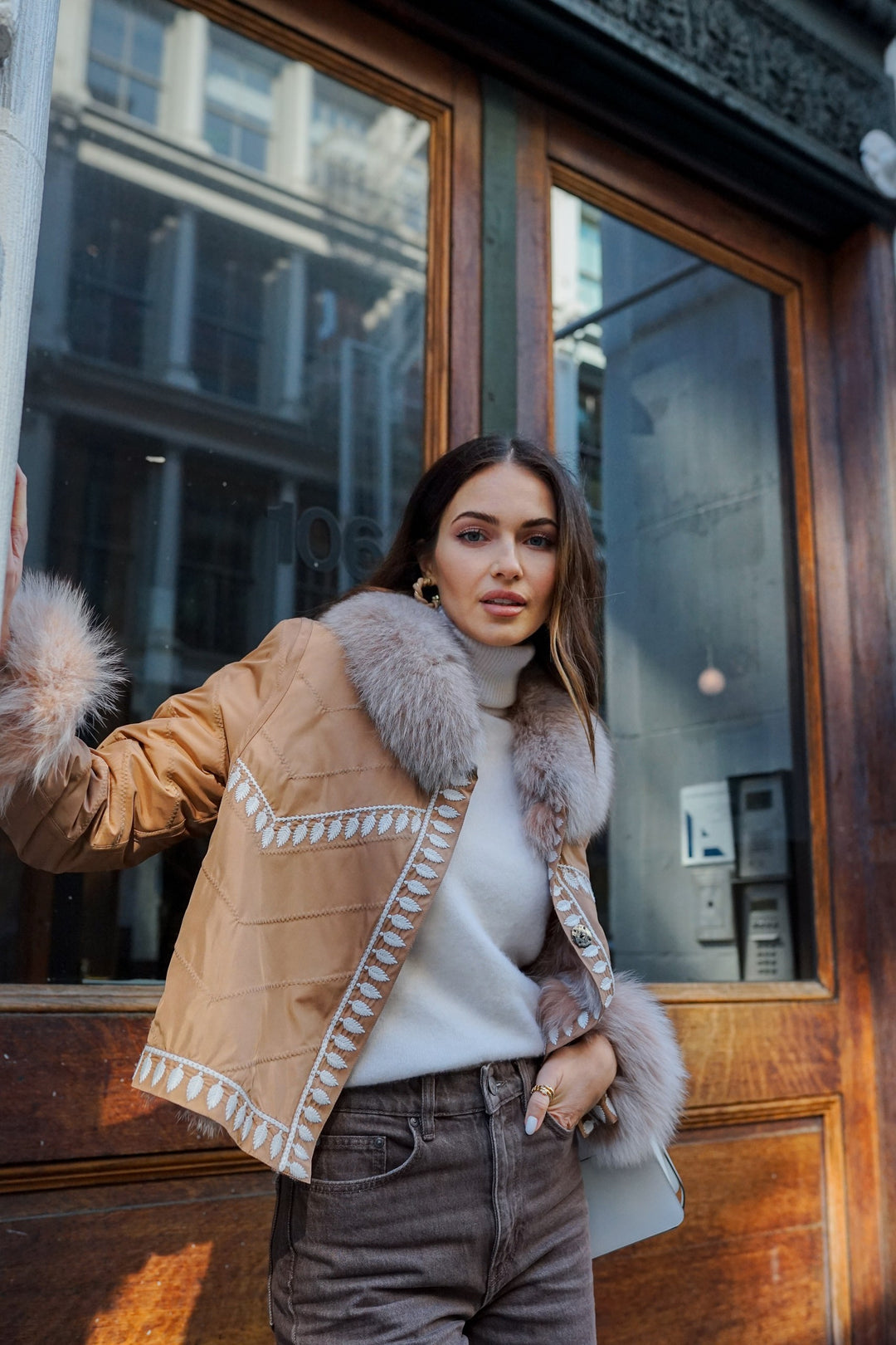 Silk Reversible Embroidered Fur Bomber in Vicuna Snowtop