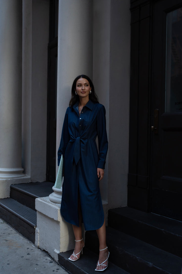 Long Sleeve Tie Front Shirt Dress Indigo Denim