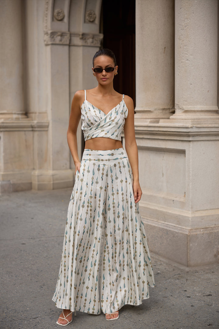 Silk Twill Draped Cropped Camisole in White Fringe