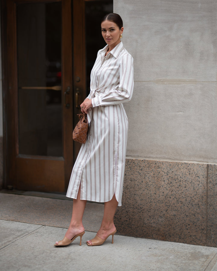 Amelia Long Sleeve Tie Front Shirt Dress in Rigato Stone