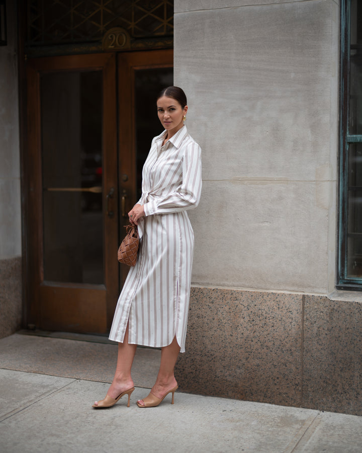 Tie Front Button Down Shirt Dress in Rigato Stone