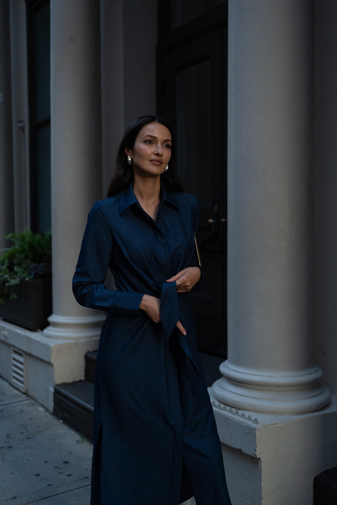 Long Sleeve Tie Front Shirt Dress Indigo Denim