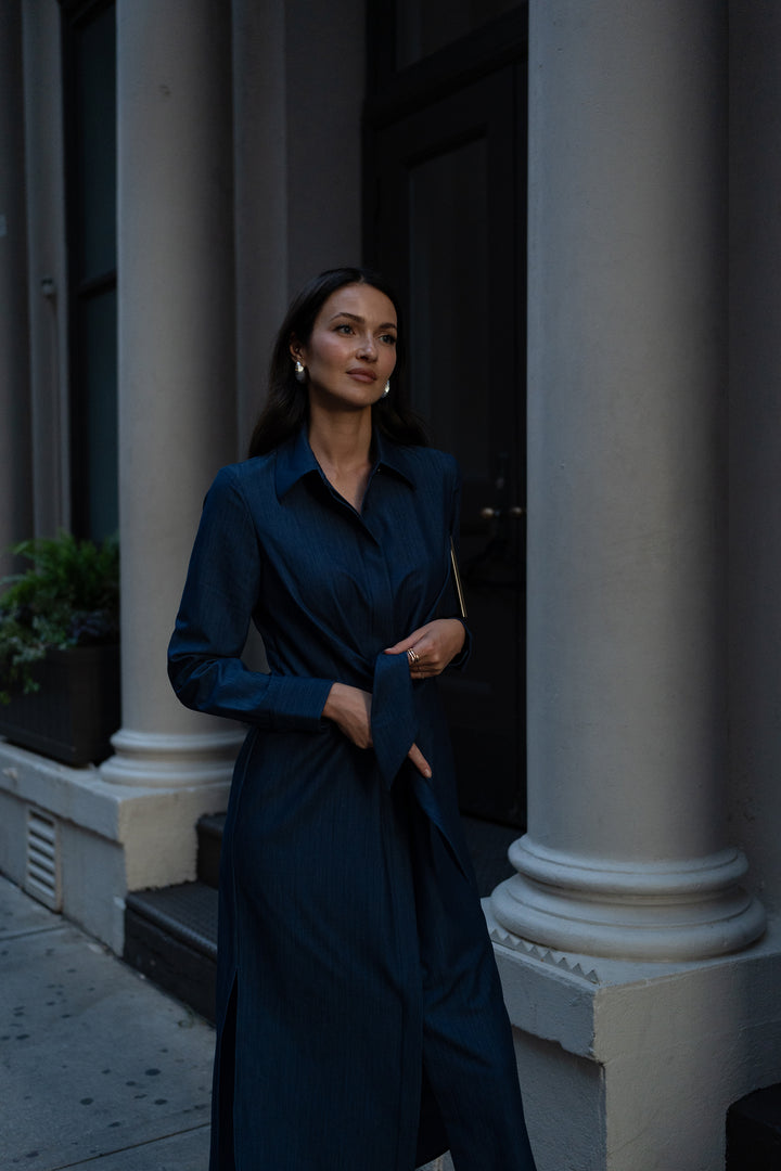 Long Sleeve Tie Front Shirt Dress Indigo Denim