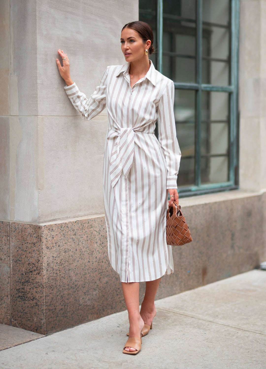 Tie Front Cotton Dress in Rigato Stone - Elegant Fashion DIOMI Tie Front Cotton Dress in Rigato Stone - Elegant Fashion DIOMI