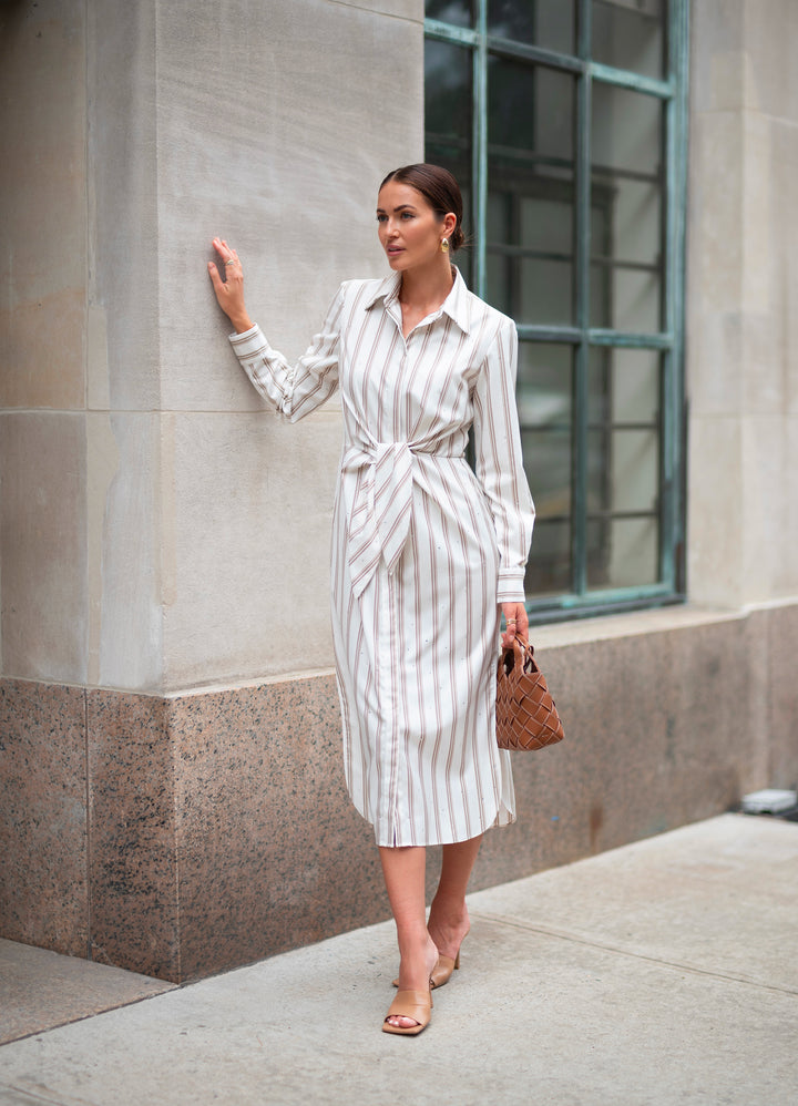 Tie Front Button Down Shirt Dress in Rigato Stone