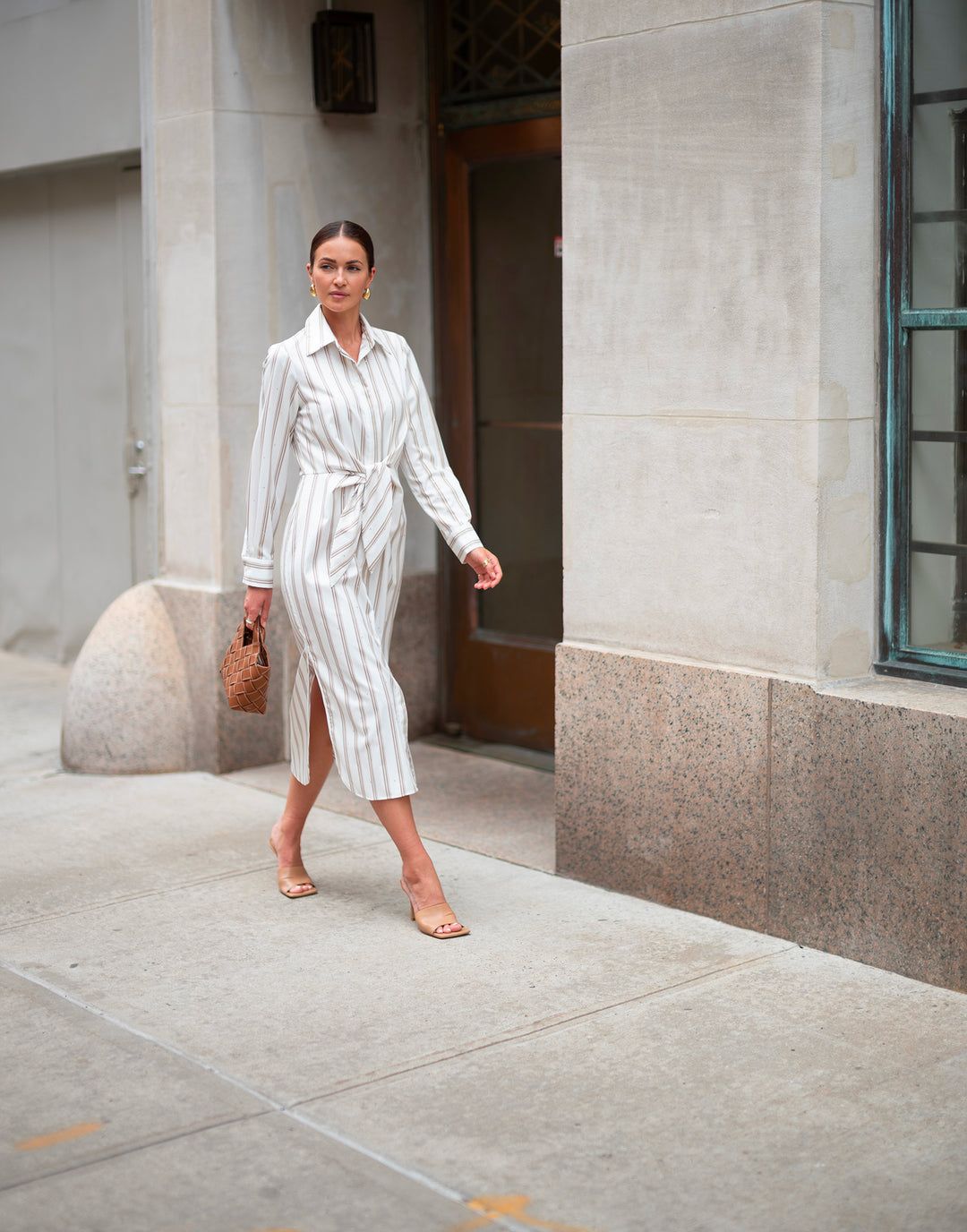 Tie Front Button Down Shirt Dress in Rigato Stone