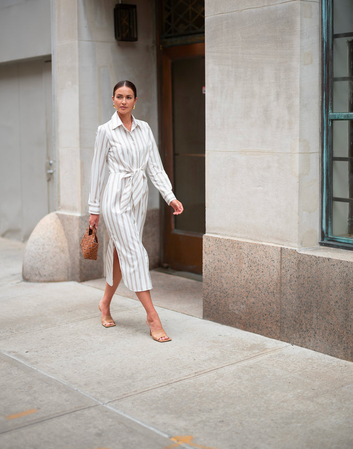 Tie Front Button Down Shirt Dress in Rigato Stone