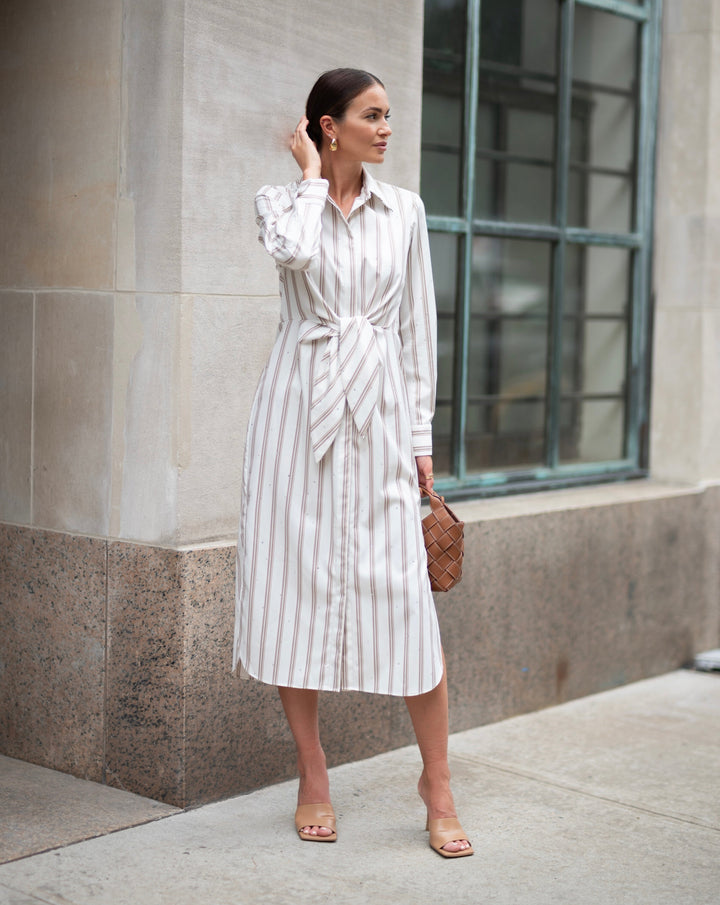 Amelia Long Sleeve Tie Front Shirt Dress in Rigato Stone