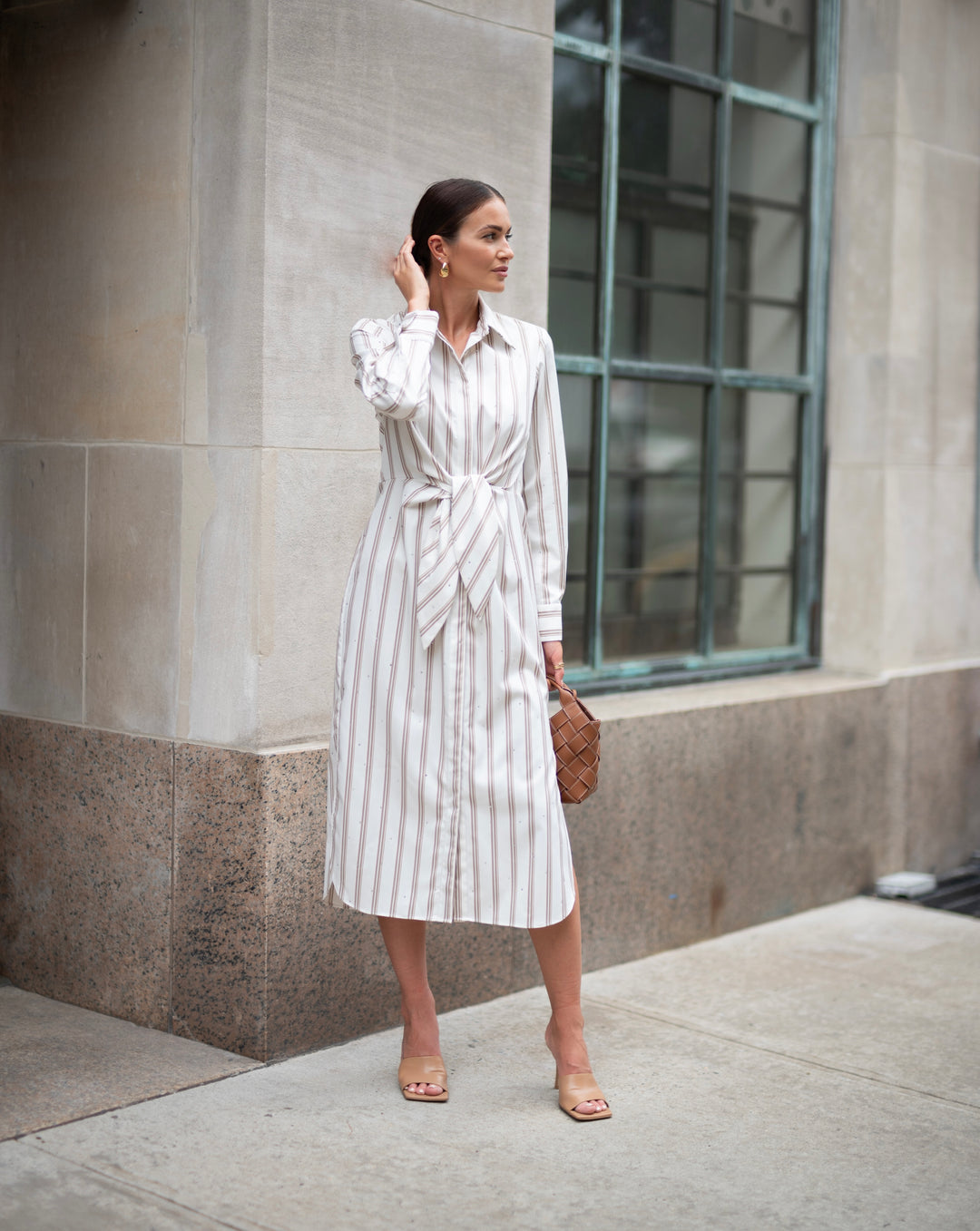 Tie Front Button Down Shirt Dress in Rigato Stone