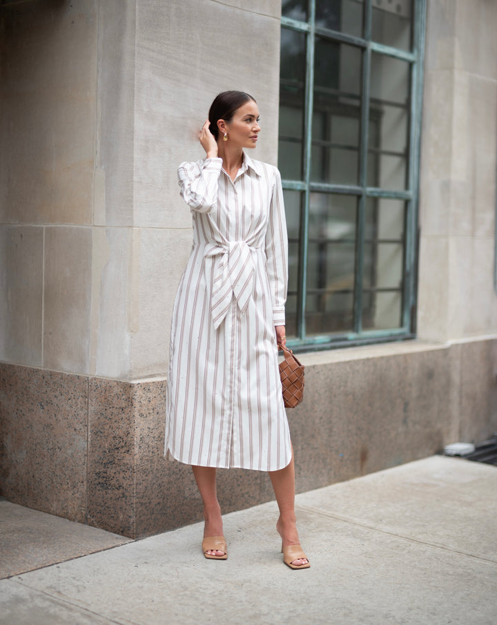 Tie Front Button Down Shirt Dress in Rigato Stone