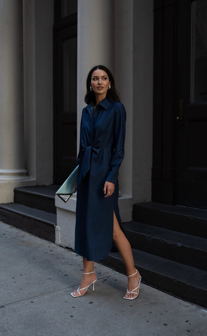 Long Sleeve Tie Front Shirt Dress Indigo Denim