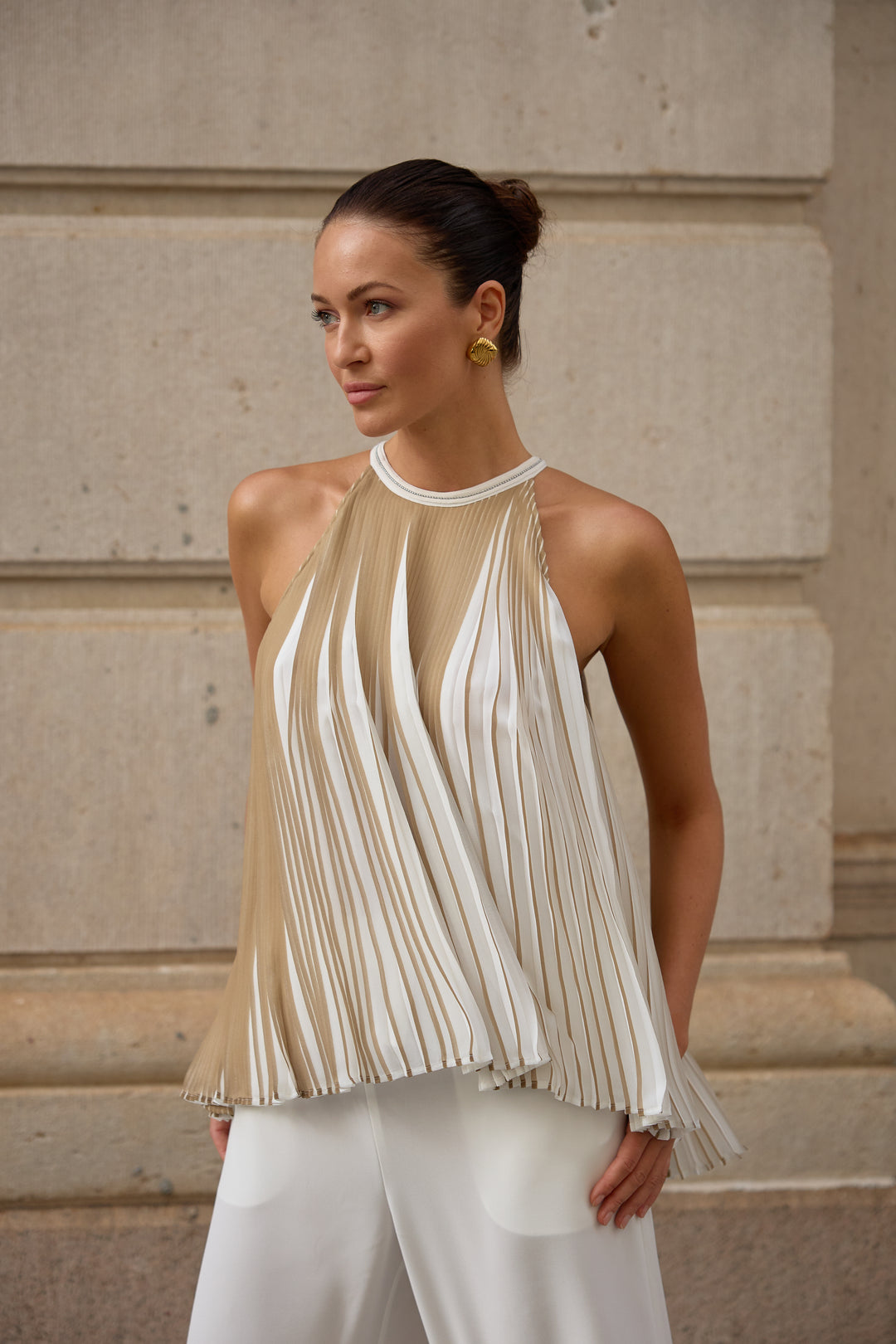 Accordion Pleated Blouse in Beige/White