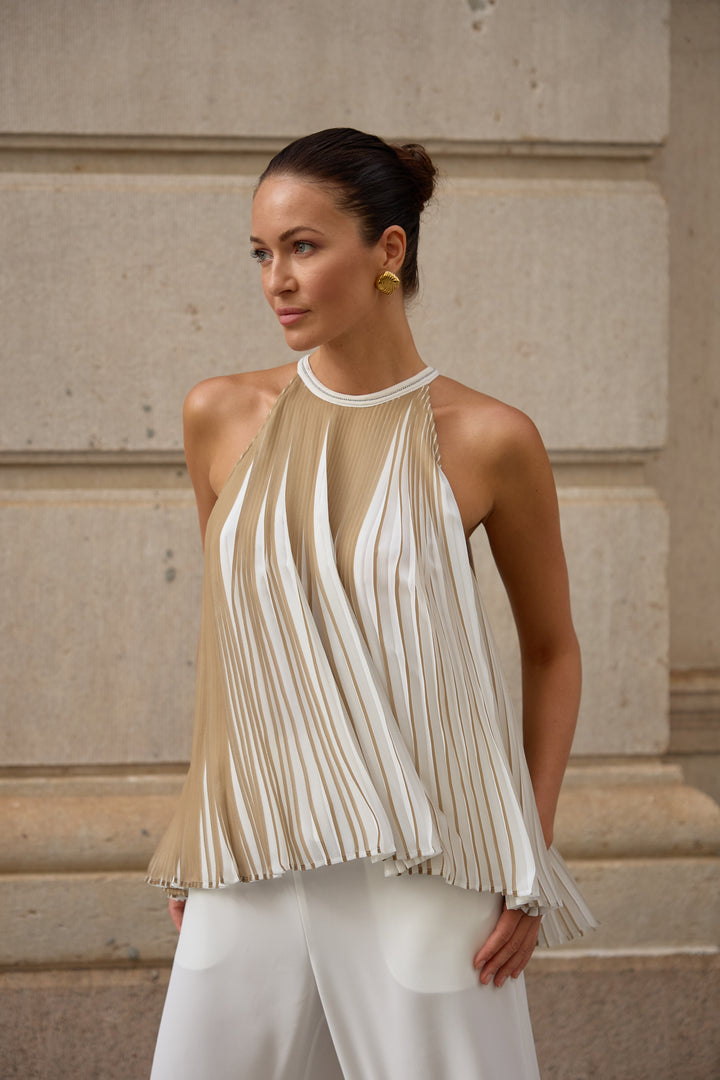 Accordion Pleated Blouse in Beige/White