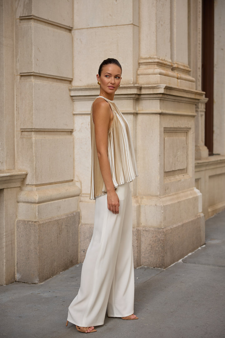 Accordion Pleated Blouse in Beige/White