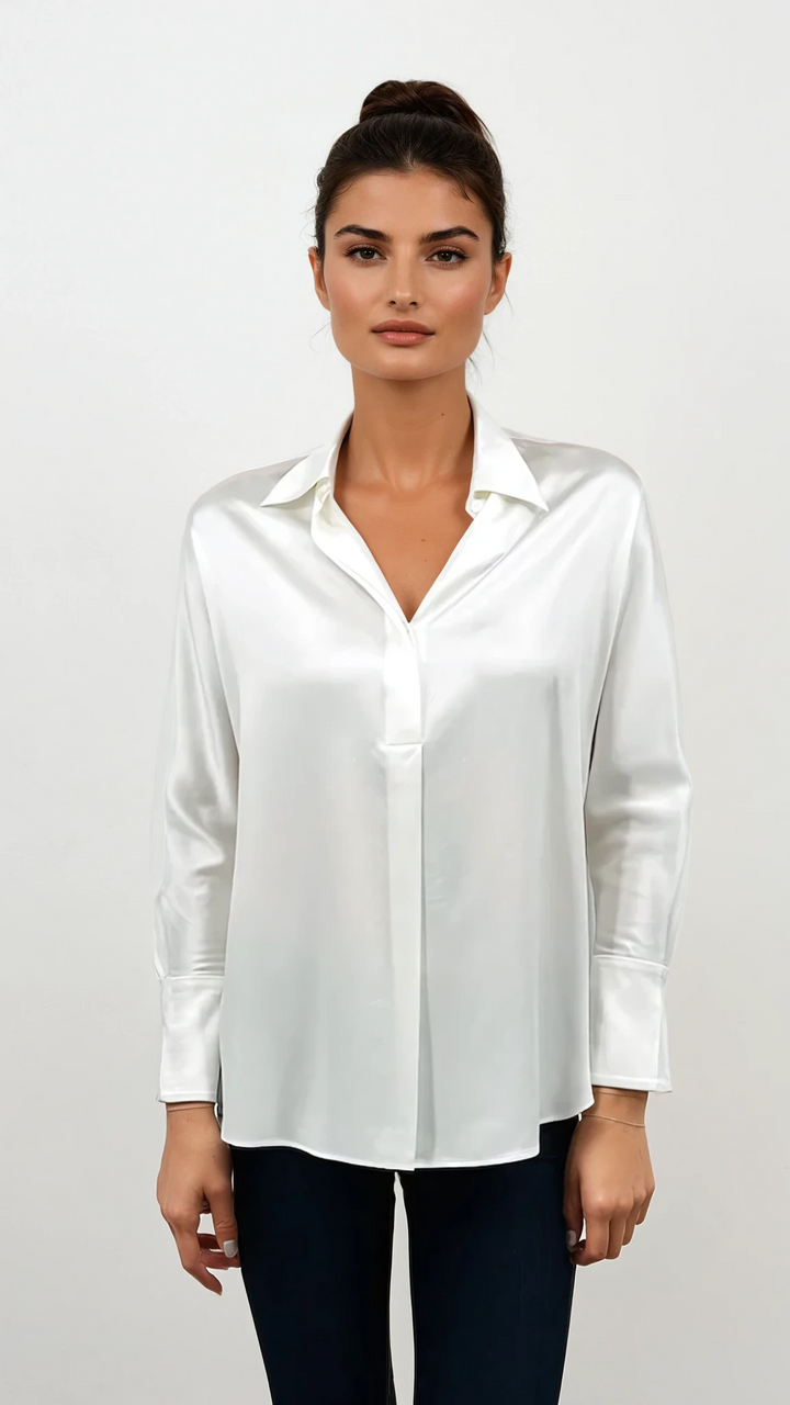 Silk Half Button Down Shirt In White