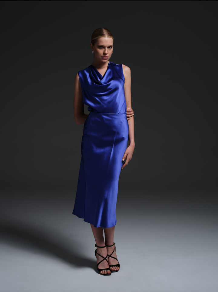 Silk Sateen Cowl Neck Blouse in Azure