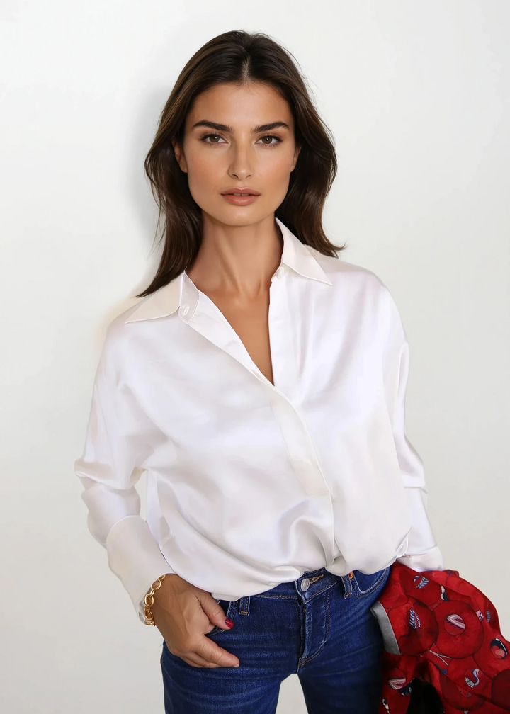 Silk Half Button Down Shirt In White