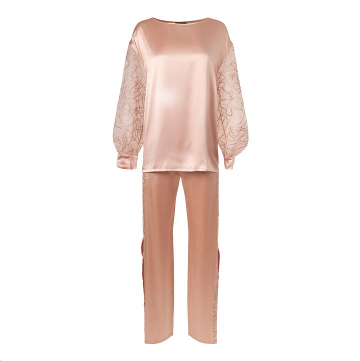 Oversized Silk Organza Embroidered Blouse in Rosy Pink