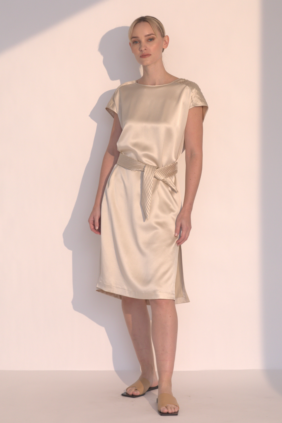 Sateen Short Pleated Dress - Champagne