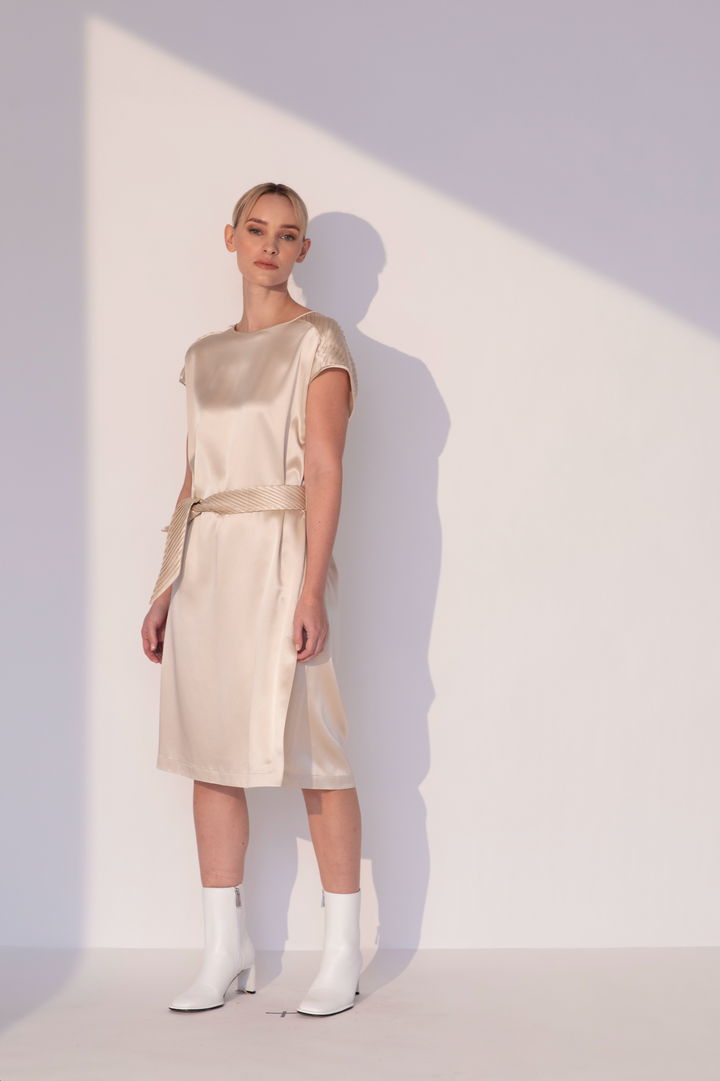 Sateen Short Pleated Dress - Champagne